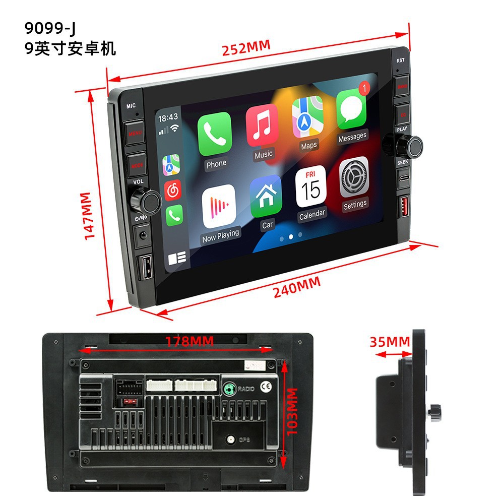 Carplay inalámbrico de 9 pulgadas HD pantalla grande imagen de marcha atrás coche Android navegación GPS reproductor Bluetooth