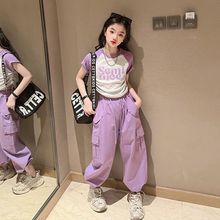 外贸批发女童夏装套装时髦洋气大童短袖夏季儿童工装裤两件套潮款