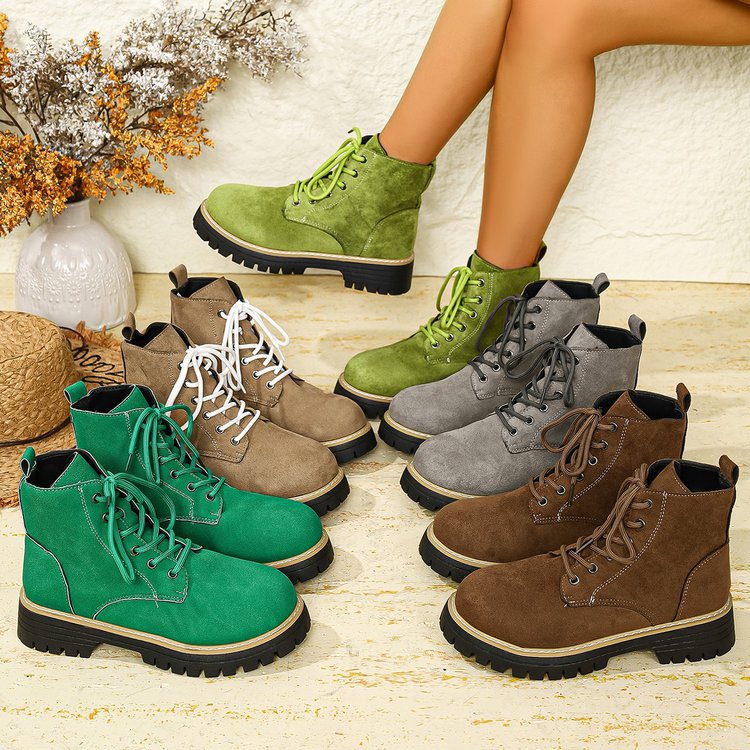 Code Difference 0.672025 Autumn and Winter New Multi-Color Suede Leather Boots for Women British Style Lace-Up Thick-Soled Short Boots