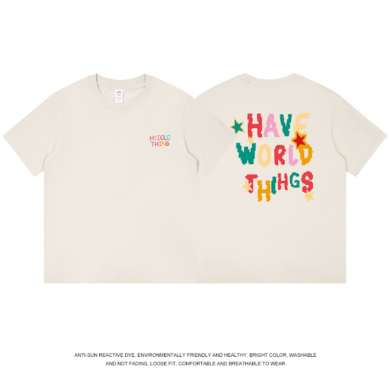 メンズヘビーウェイト純綿ストリート系ヒップホップ半袖Tシャツ、カラフルな文字プリント入り、夏向け、個性的なトップス、レディースインス|undefined