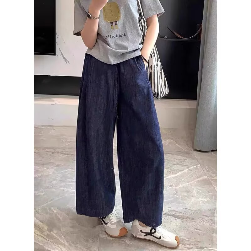 深蓝色天丝牛仔裤女夏薄款松紧腰抽绳阔腿裤小个子直筒九分休闲裤|undefined