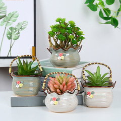 Cross-border European rattan hanging basket micro landscape geometric succulent flower pot portable desktop home furnishings hanging orchid potted plant