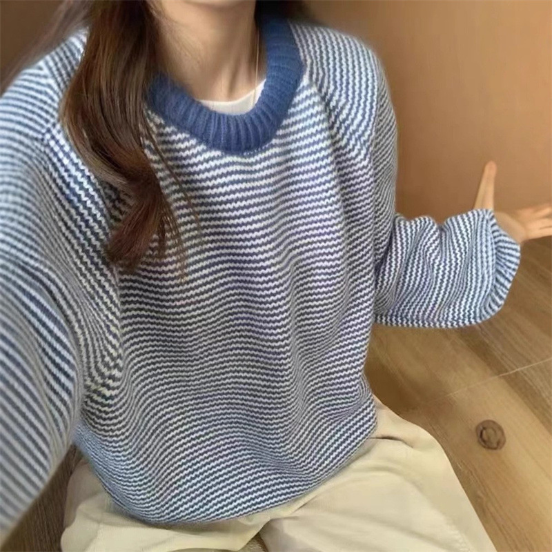 韩系冬季新款条纹圆领撞色毛衣女2025休闲减龄宽松套头针织衫上衣|undefined