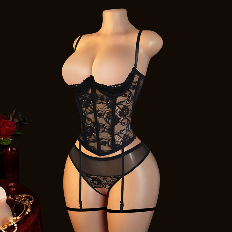 Foreign Trade Lace Bra with Garter Belt, Integrated Fishbone Shapewear, Mesh Lace Hollow-Out Thong, Leg Ring Set