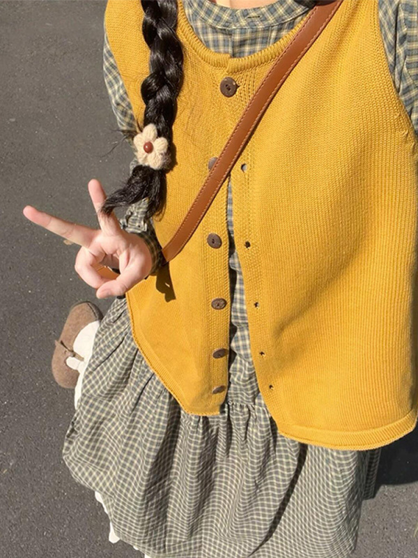 日系复古针织马甲女春秋季新款软糯圆领开衫毛衣背心坎肩早秋上衣|undefined