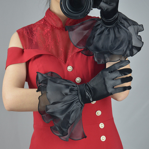 Evening Gloves Black Satin Gloves Ruffled Elastic Wedding Dress Dinner Accessories Elegant Hepburn Style Winter