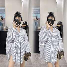 大码女装300斤胖mm欧洲站春秋新款小众条纹拼色衬衫百搭上衣女潮