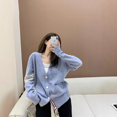 高品质~秋冬新款韩版条纹四杠针织长袖开衫上衣女宽松时尚外套女