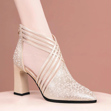 2024春新款网靴女凉鞋粗跟包头高跟镂空网纱鞋水钻珍珠时装凉靴女