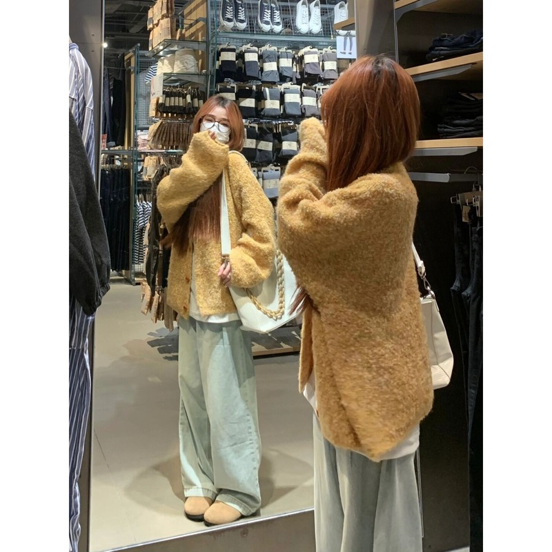 レイジースタイルソフトワックス状ラウンドネックイエローニットカーディガン女性のための春と秋のルーズ小森スタイルレトロセータージャケットトレンディ|undefined