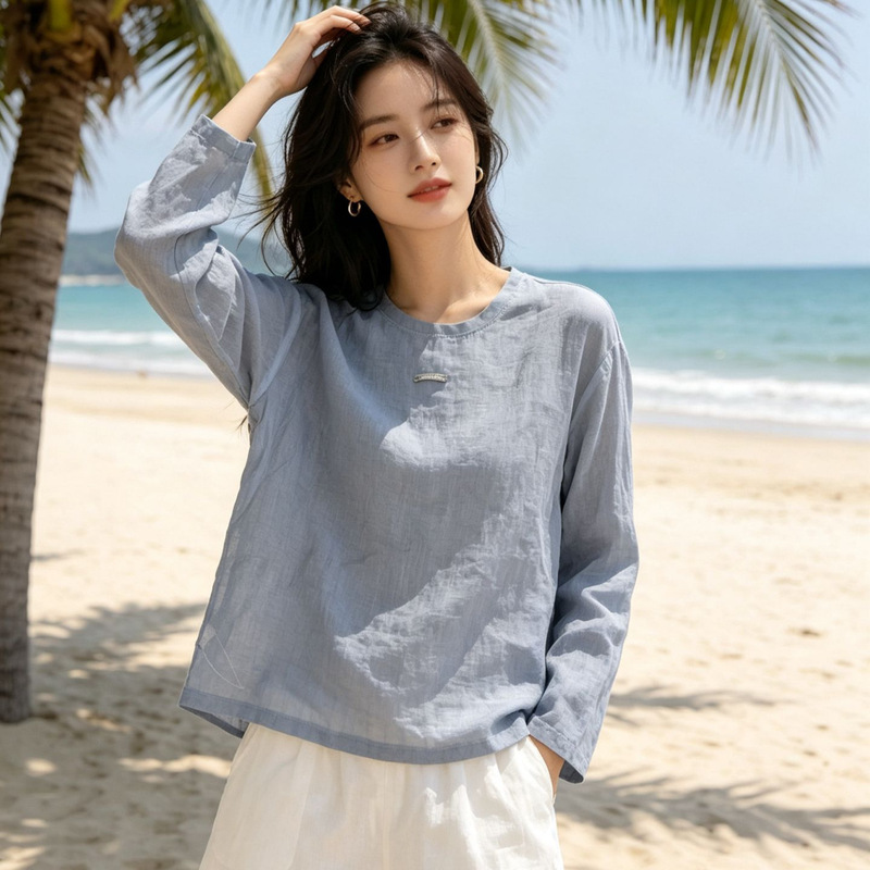 Ramie Long-Sleeve Blouse 2026 Artistic Simple Solid Color Ribbed Round Neck Lightweight Lazy Style Versatile Loose Top for Women Ramie Long-Sleeve Blouse 2026 Artistic Simple Solid Color Ribbed Round Neck Lightweight Lazy Style Versatile Loose Top for Women