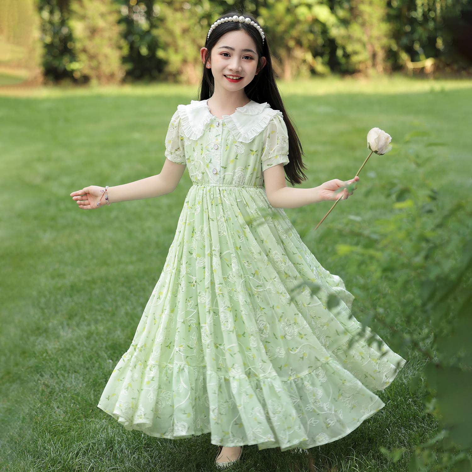 Girls' Summer Dress dress 2025 New Children's Princess Dress Western Style Long Dress for Large Children Floral Chiffon Dress for Summer