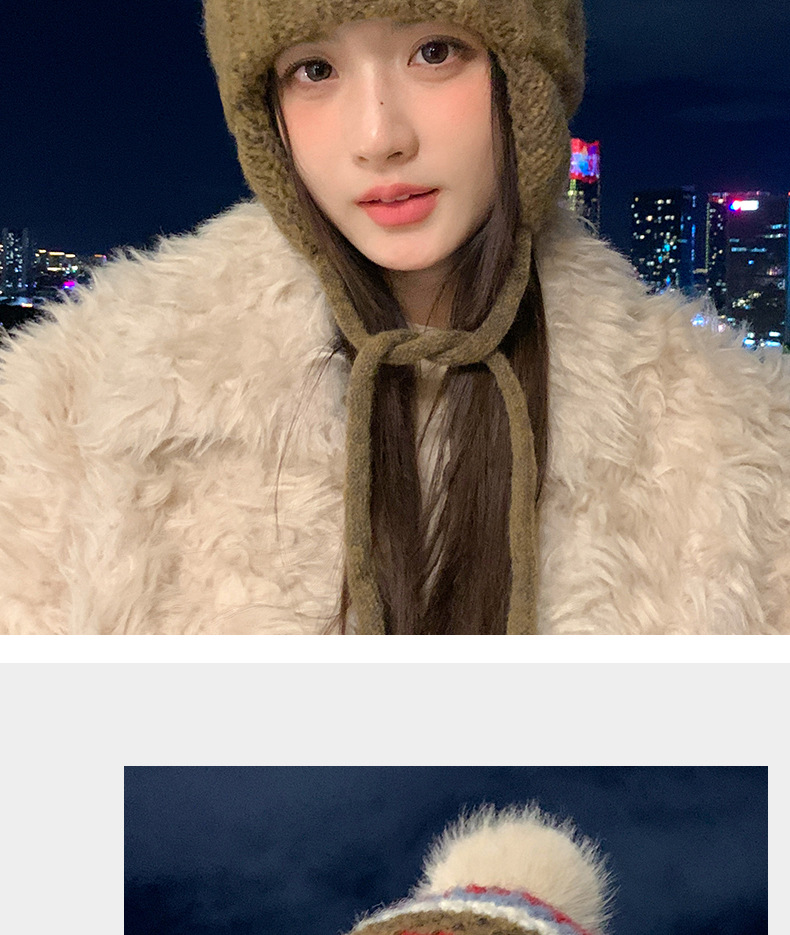 New Retro Fair Isle Style Warm Thickened Fleece-Lined Winter Knitted Hat, Cold-Proof Ear Protection, Tie-Up Wool Hat_voghion.com