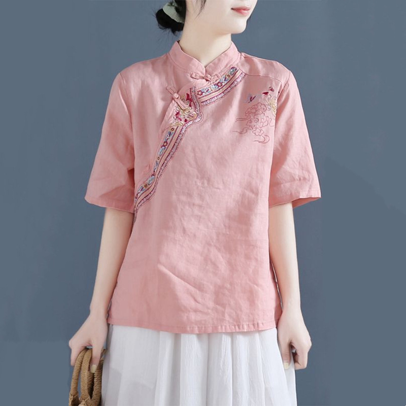 刺绣棉麻衬衫女2026夏季复古短袖衬衣套头立领盘扣中国风茶服上衣