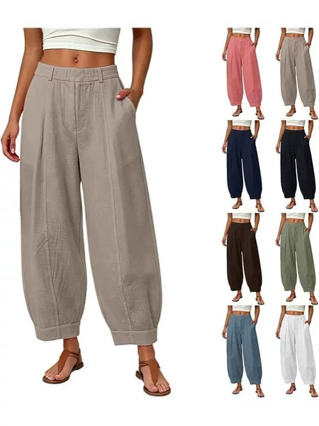 2026 European and American Cross-Border New Style Linen Tube Pants Summer Loose Beach Bohemian Style Harem Pants for Women