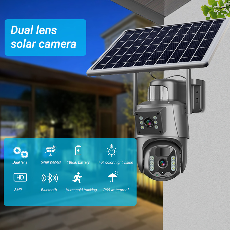 4G太阳能360度全景双镜头监控摄像头户外wifi摄像机solar camera