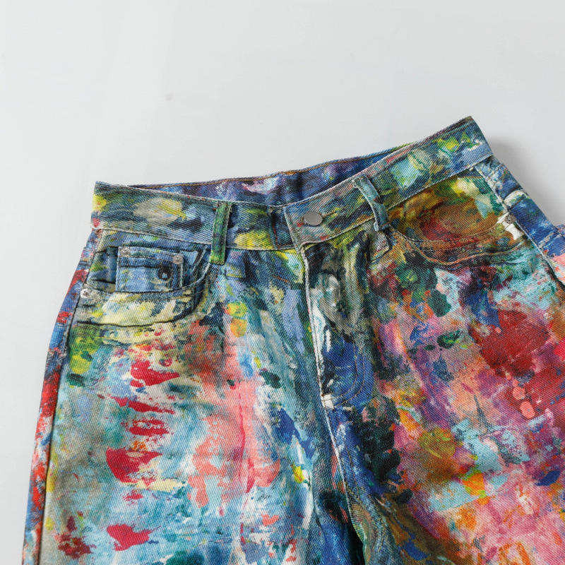 Jeans holgados de pierna ancha para hombre con estampado de tres colores y paleta de diseño de nicho con salpicaduras de tinta y pintura al óleo._voghion.com
