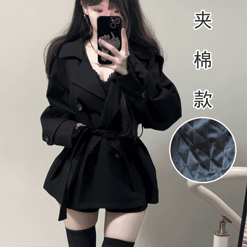 英伦风短款风衣黑色双排扣女小个子秋冬新款感收腰小香风外套|undefined