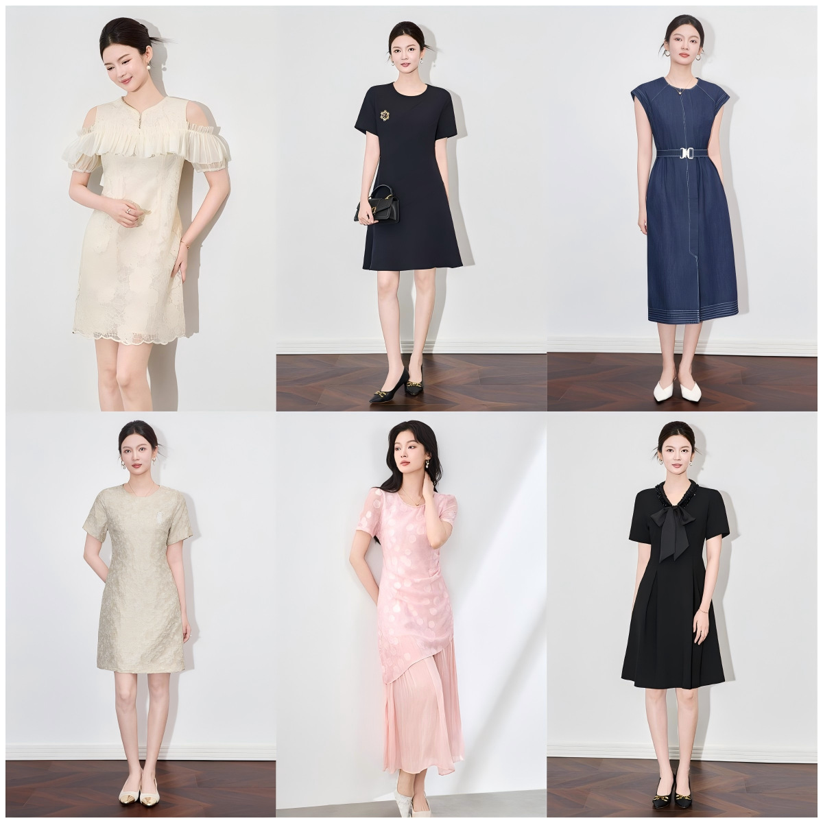 Đầm suông nữ midi mùa hè tay ngắn — 2504610 - Xanh lông mòng đen