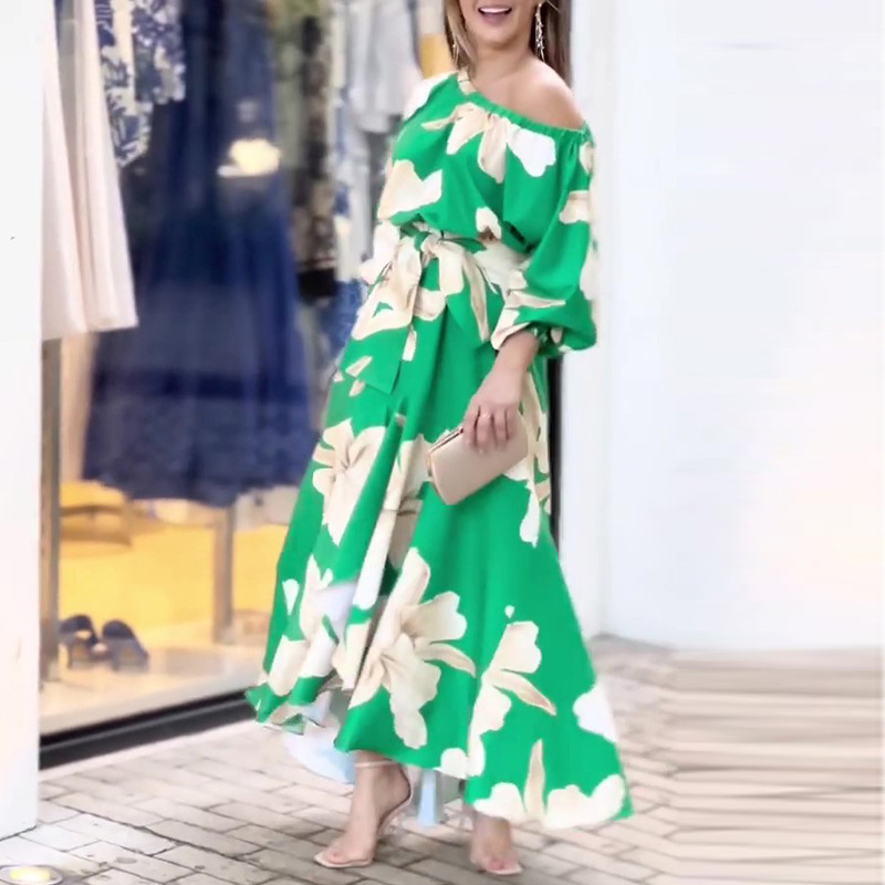 Women's Regular Dress Vacation Oblique Collar Printing Bowknot Long Sleeve Printing Maxi Long Dress Holiday Beach display picture 5