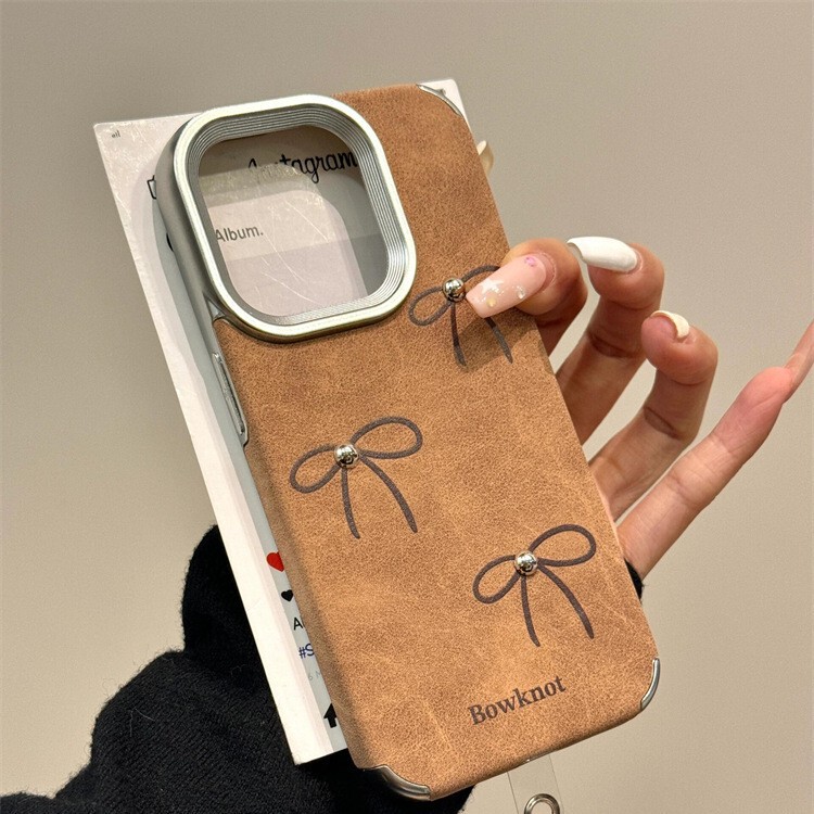 Retro Leather Brown Bow Suitable for Apple 17Promax Mobile Phone Case Iphone14 Anti-Fall 13/11/12