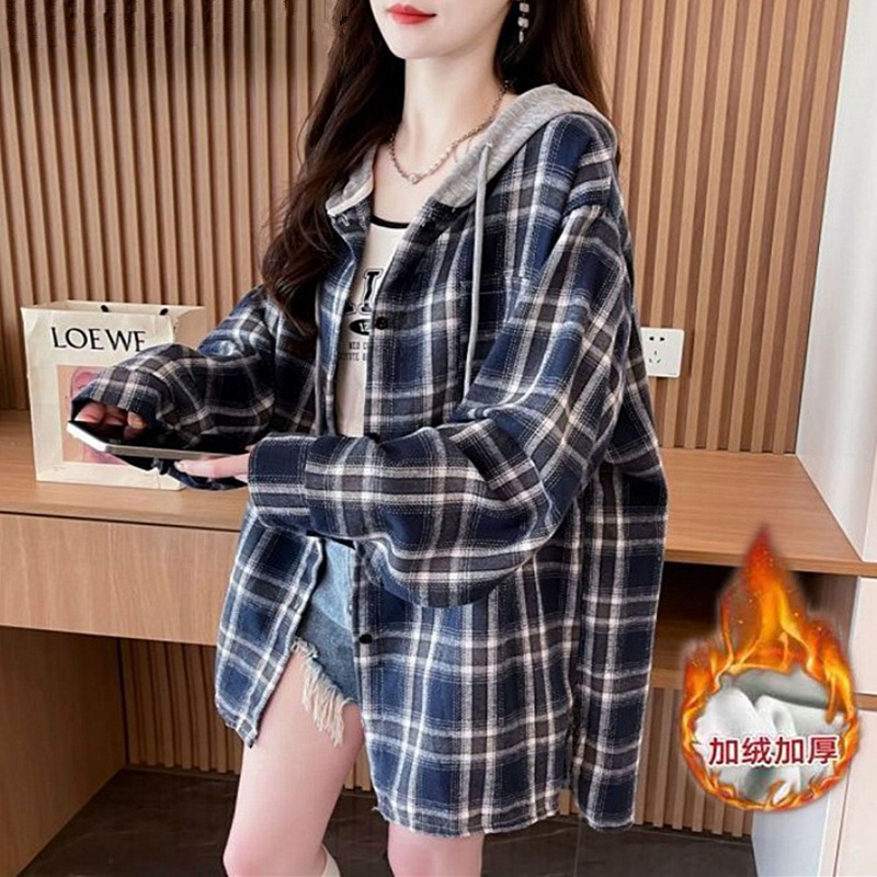 Winter Velvet Brushed Plaid Hooded Long-Sleeved Shirt for Women Korean Style Mid-Length Loose Retro Shirt Cardigan Jacket Winter Velvet Brushed Plaid Hooded Long-Sleeved Shirt for Women Korean Style Mid-Length Loose Retro Shirt Cardigan Jacket