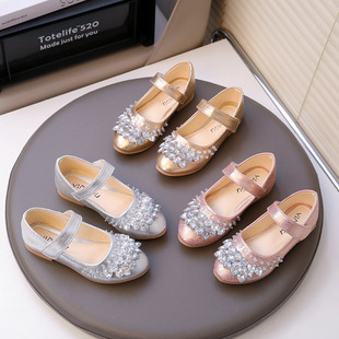 2025 Four Seasons Universal Girls' Leather Shoes with Rhinestones, Princess Shoes, Everyday Casual Shoes with Soft Soles, Performance Shoes with Fun and Bright Rhinestones