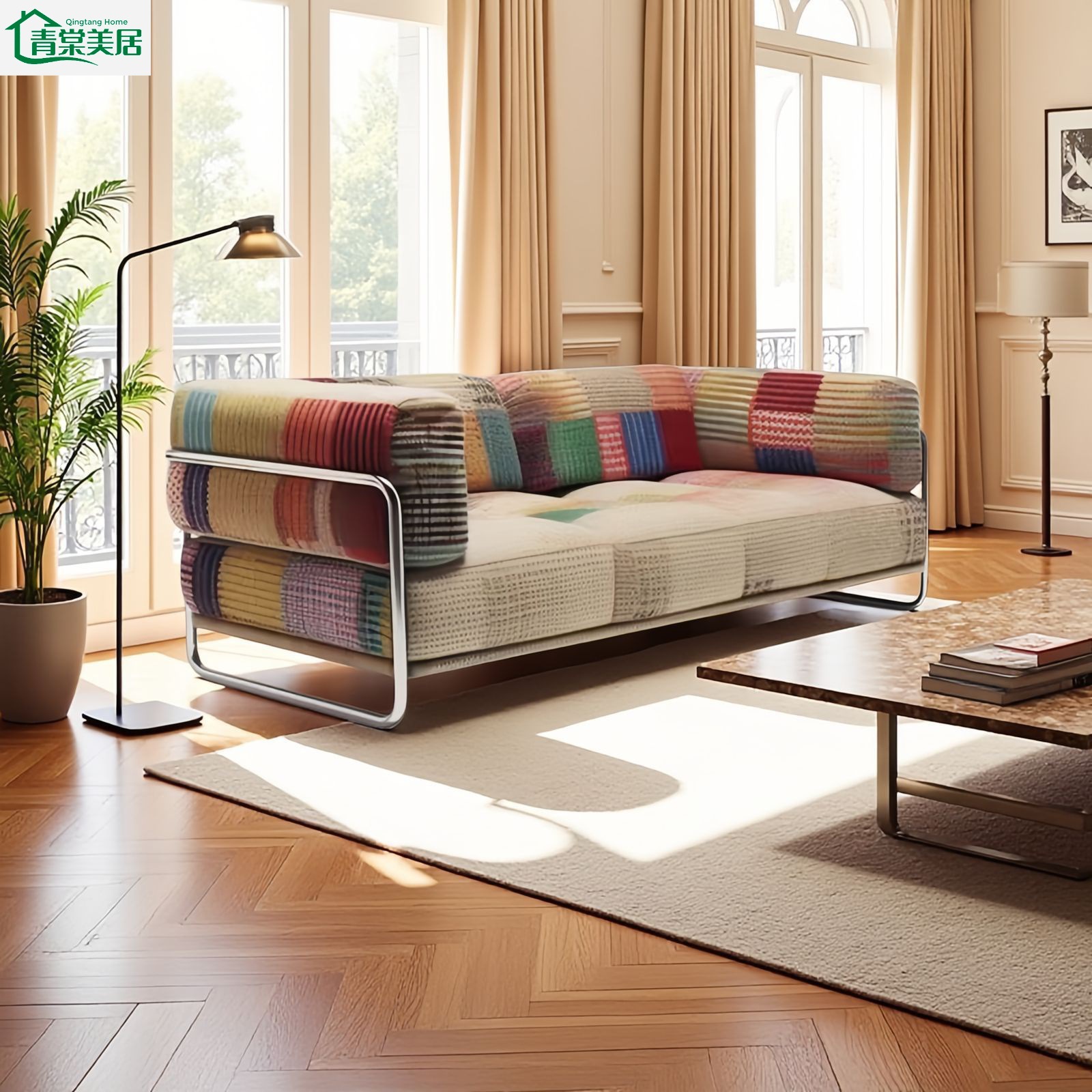 Ethnic Style Dopamine Color Matching Sofa, Antique Style Fabric Small Apartment Living Room Straight Row Retro Bed and Breakfast Hotel Sofa