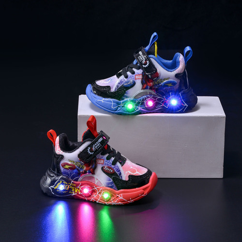 2024 Spring and Autumn New Children's Sports Shoes with Leather Spider-Man LED Sensing Light, Boys' Sports Casual Shoes