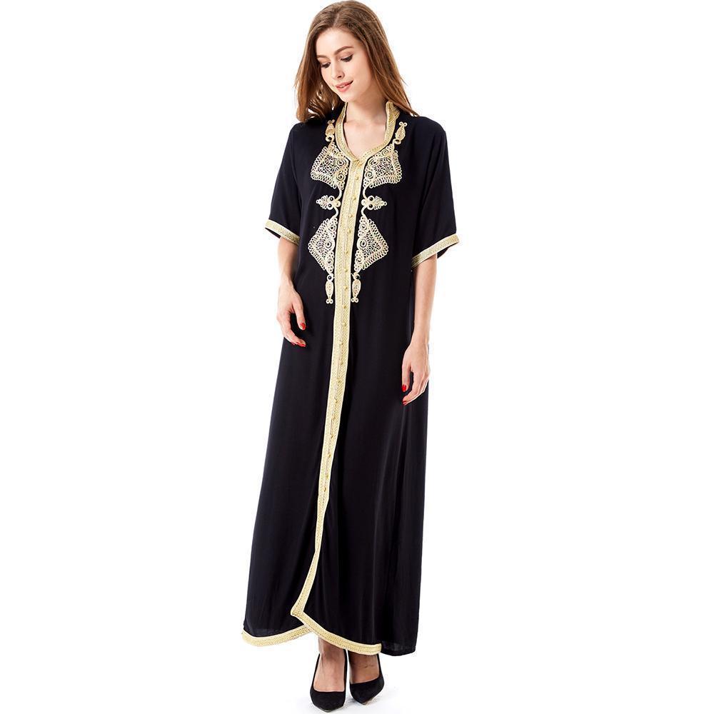 Muslim Long Embroidered Robe Arab Women's Middle Eastern Clothing Short-sleeved Flared Dress_ecoleips.com