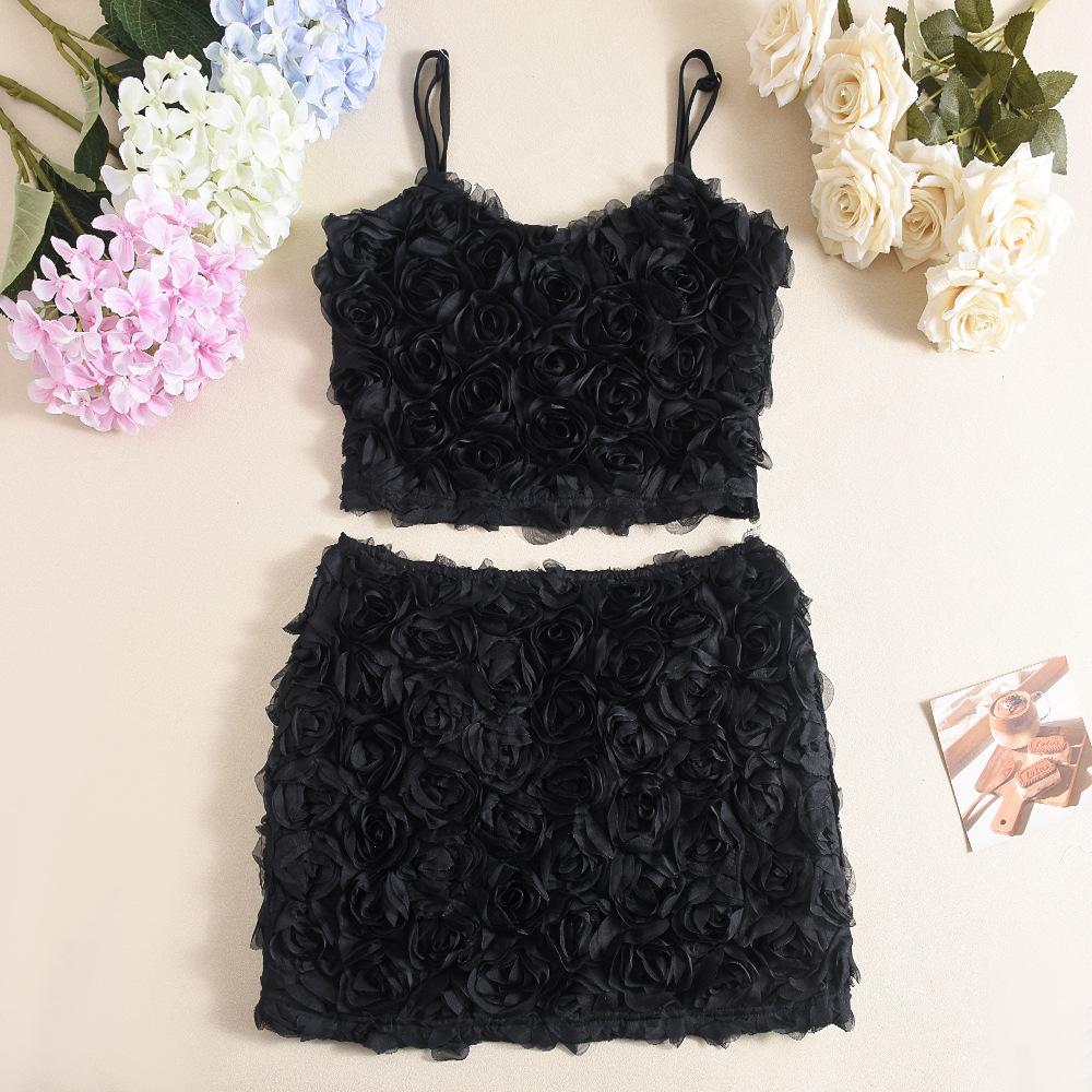 Sexy All Matching Women Wear Cropped Rose Floral Single Tank Top Short Skirt Two Piece Set