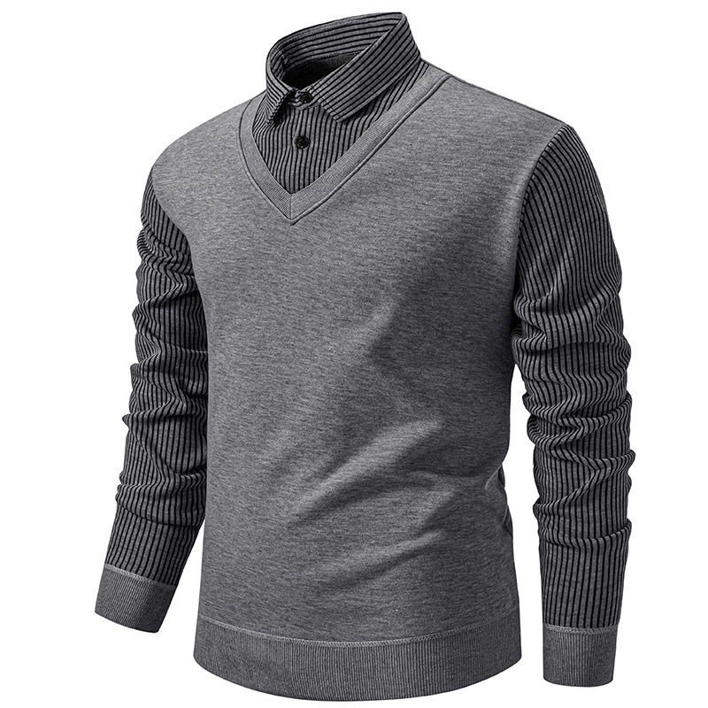 Foreign trade cross-border autumn and winter new men's long-sleeved sweater fake two-piece fashion fleece-lined striped shirt pullover sweater Foreign trade cross-border autumn and winter new men's long-sleeved sweater fake two-piece fashion fleece-lined striped shirt pullover sweater