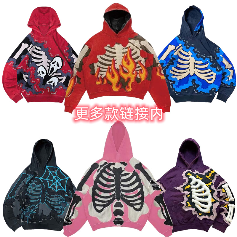 대외 무역 2025 가을 새로운 스타일 Amazon Flame Skull Skeleton 트렌디 브랜드 3D 프린트 남성용 단층 풀오버 후드