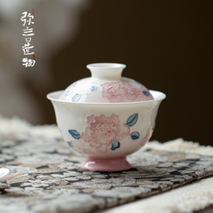 弥言エナメル華彩手描き牡丹蓋碗家庭用陶磁器薄胎泡茶碗茶杯工夫茶具茶芸茶碗