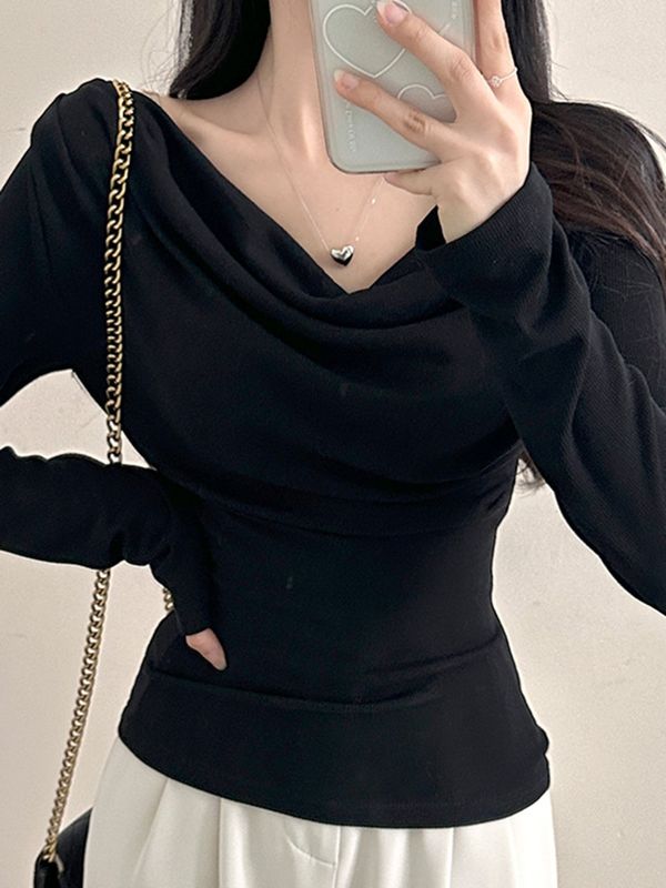 欧美甜美少女风纯色简约基础荡领长袖T恤跨境慵懒感休闲内搭上衣|undefined