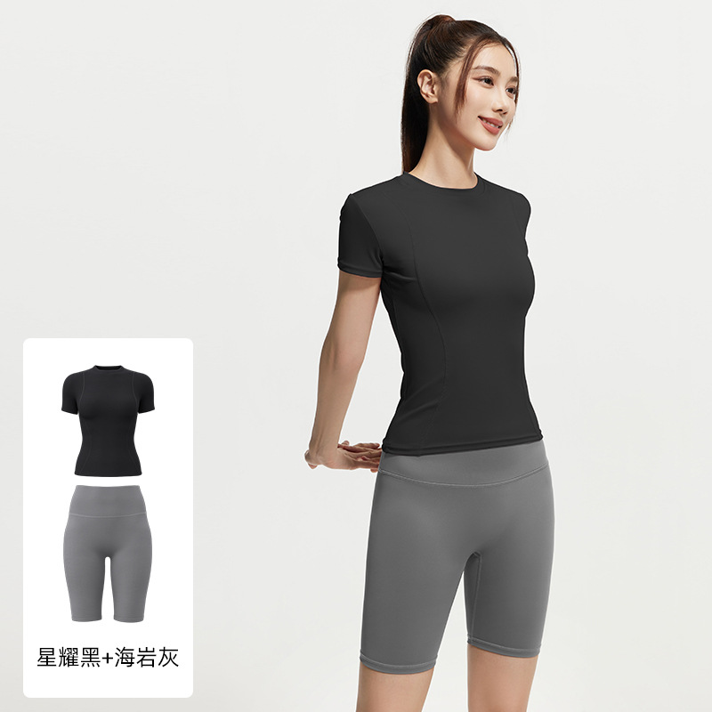 Juyi Tang verano yoga camisa de mangas cortas para mujeres delgada secado rápido y transpirable ajuste deportivo para correr y fitness set