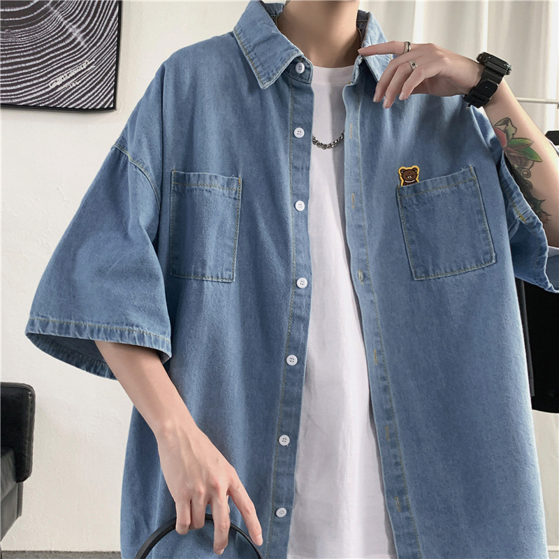 Summer New Short-sleeved Shirt Men's Korean Style Fashionable Retro Washed Loose Shirt Denim Coat High Street