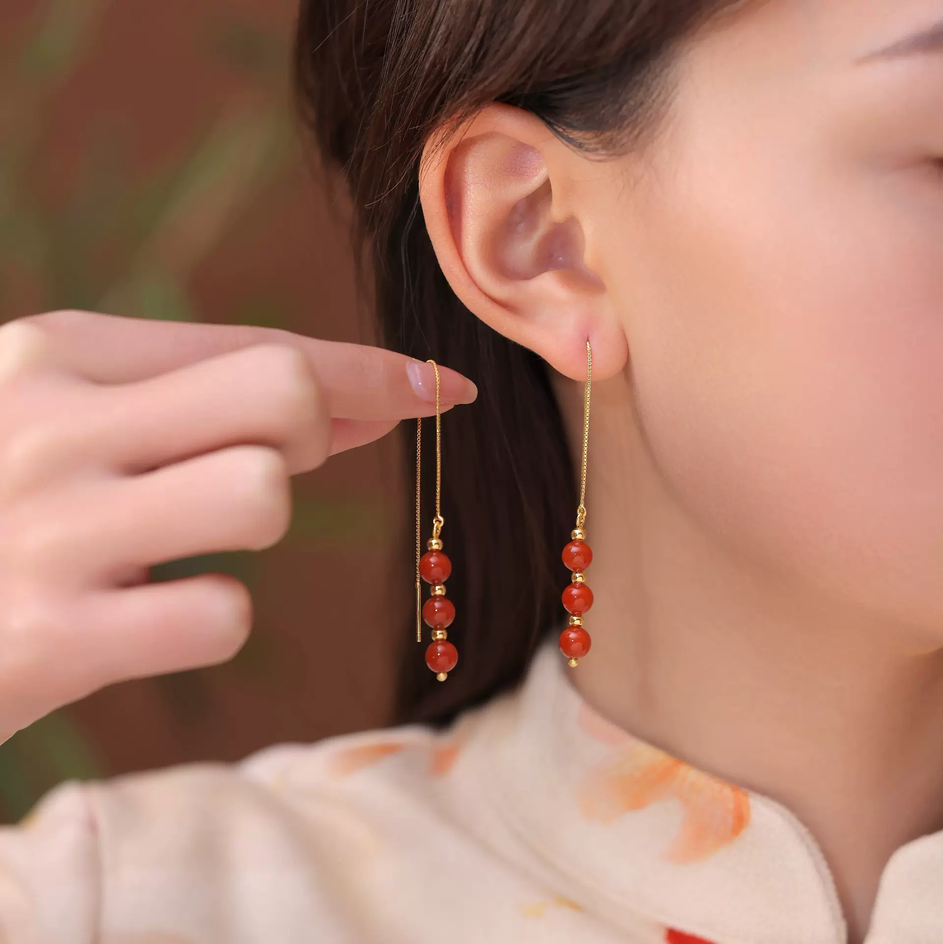 南红玛瑙耳线简约珠子简约百搭耳饰气质女士糖葫芦长款时尚耳线