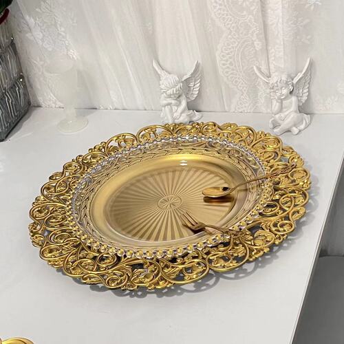 Foreign trade transparent wedding hotel party spray paint craft decorative plastic deep fruit plate golden shiny large fruit plate round