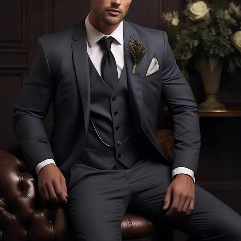 Cross-Border Foreign Trade Handsome Men's Three-Piece Suit Solid Color High-End Elegant Banquet Business Slim Fashion Suit