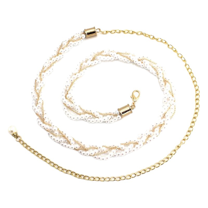 Vestido con cuentas de gancho cadena de la cintura de las mujeres de estilo coreano dulce moda perla decorativa cinturón de metal entrega de nueve piezas