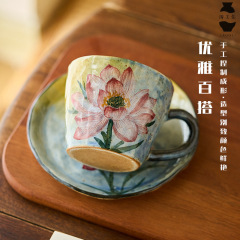 陶美集手描きハスの花釉薬下彩手握りコーヒーカップ皿付き景徳鎮中国式マグカップ大容量コップ