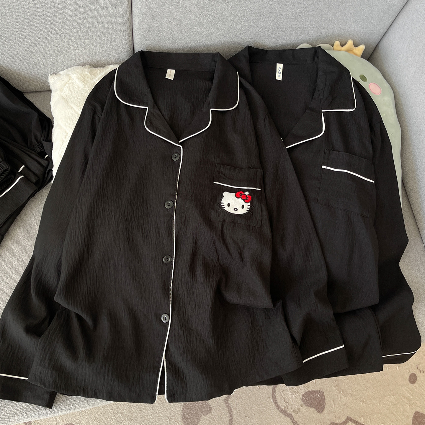 Negro Kitty nube de algodón para parejas pijamas de primavera y otoño mujeres de manga larga se puede usar ropa para el hogar de hombre verano