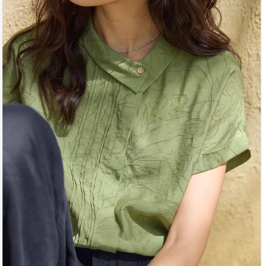 Áo sơ mi nữ linen họa tiết jacquard cổ ve không đối xứng tay ngắn — Mây trắng, Xanh lông mòng tre chi tiết 3