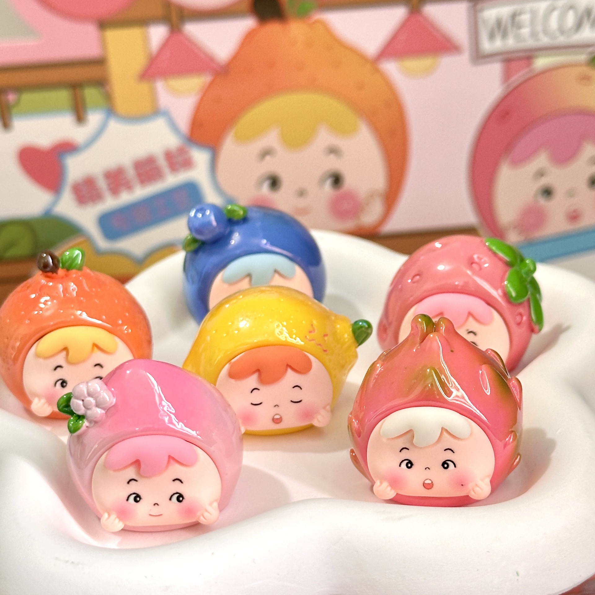 Nuevo supermercado de frutas de bebés de granos bolsas ciegas caja ciega resina galvanizada decoración de moda grande transmisión en vivo caja ciega desmontable