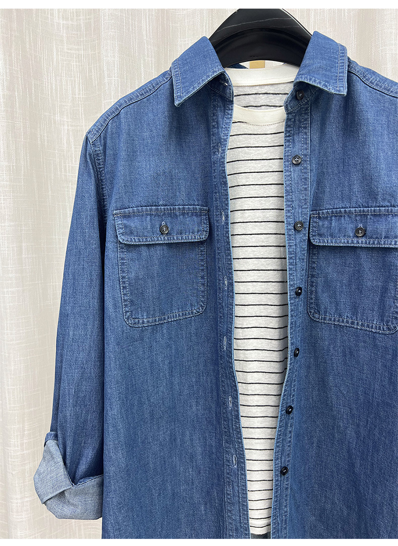 Áo sơ mi denim phong cách Hồng Kông cổ điển dáng rộng, mặc nhiều lớp — màu xanh chi tiết 4