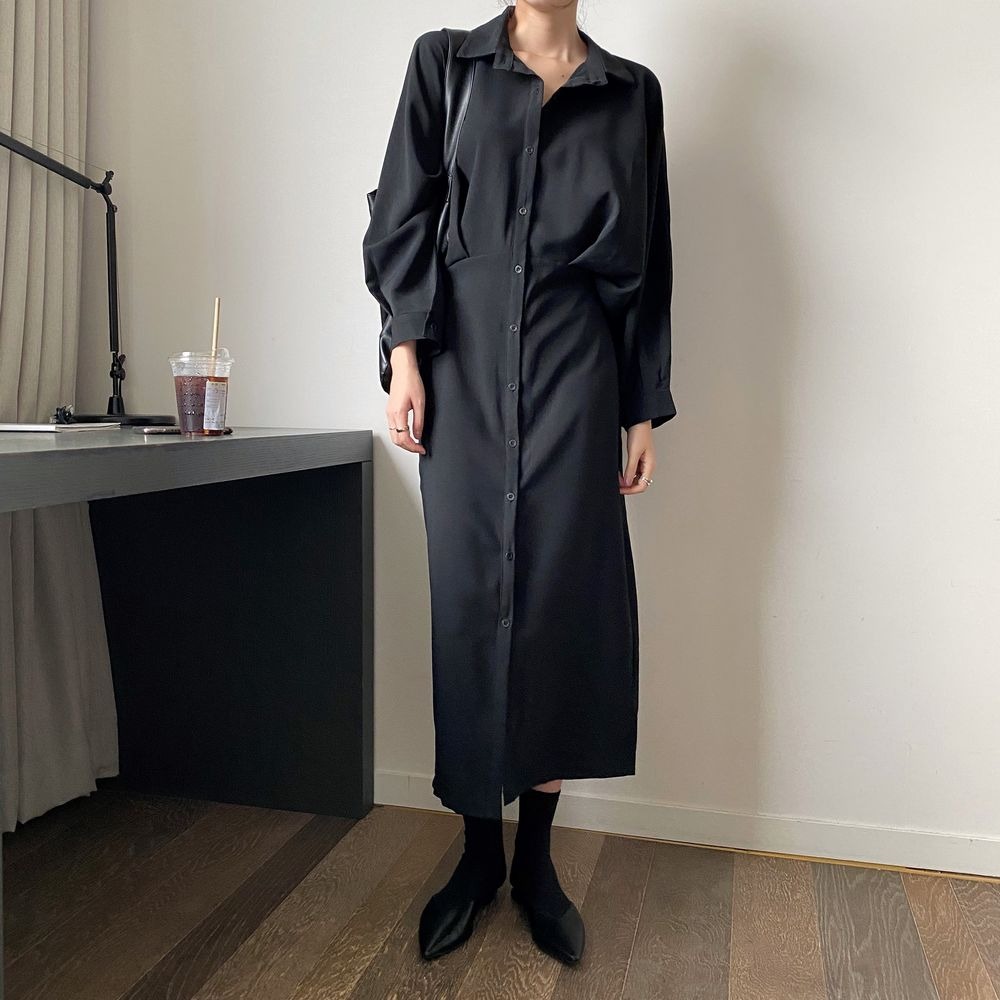 385g Weight Long Sleeve Sleeve Length A- Line Skirt Dresses Type Regular Sleeve Sleeve Type Polyester, Polyester Fabric Type Cardigan, Shirt Collar Neckline Regular Fit Fit Type Solid Color Pattern New Style, Japanese and New Leisure Style Elegant French Waist Cinching Slimming Fairy Tale Style Long Dress Goddess Look Loose Fit One Piece Pure Color Polyester Dress 2