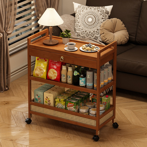 J^Medieval Style Small Hand Cart Non-Wooden Mobility Can Be Pushed and Pulled Household Retro Tea Table Living Room Sofa Side Table Storage