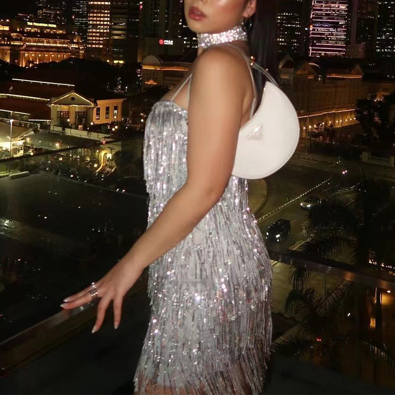 Vestido de Noche Europeo y Americano 2025, Vestido Ajustado sin Mangas con Tirantes Finos, Vestido Sexy con Lentejuelas y Flecos Brillantes image 3