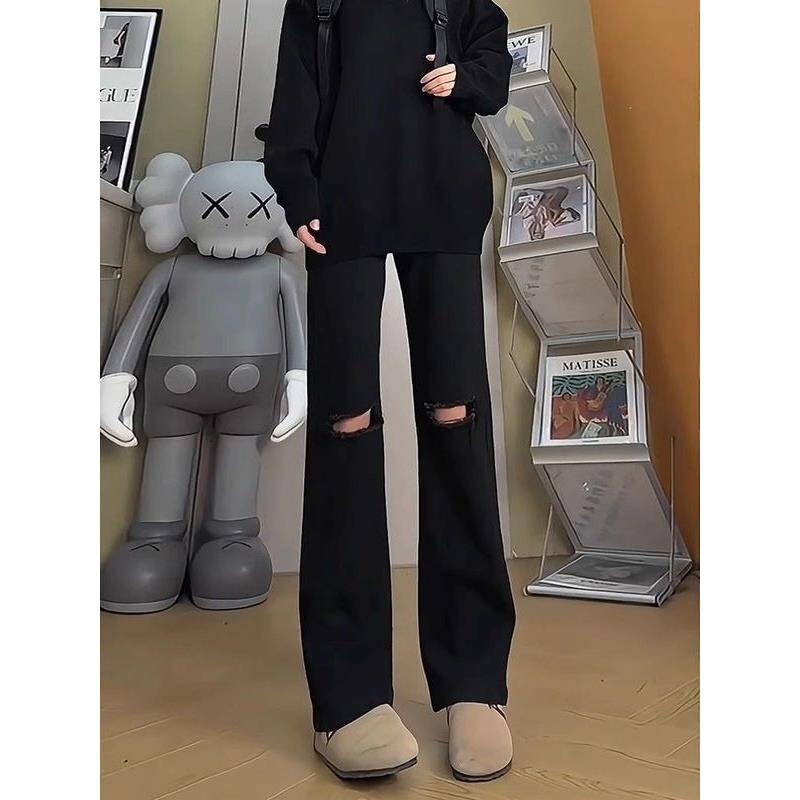 American High Street Black Ripped Jeans for Men, Summer Trendy Brand, High-Waisted Slimming Pants